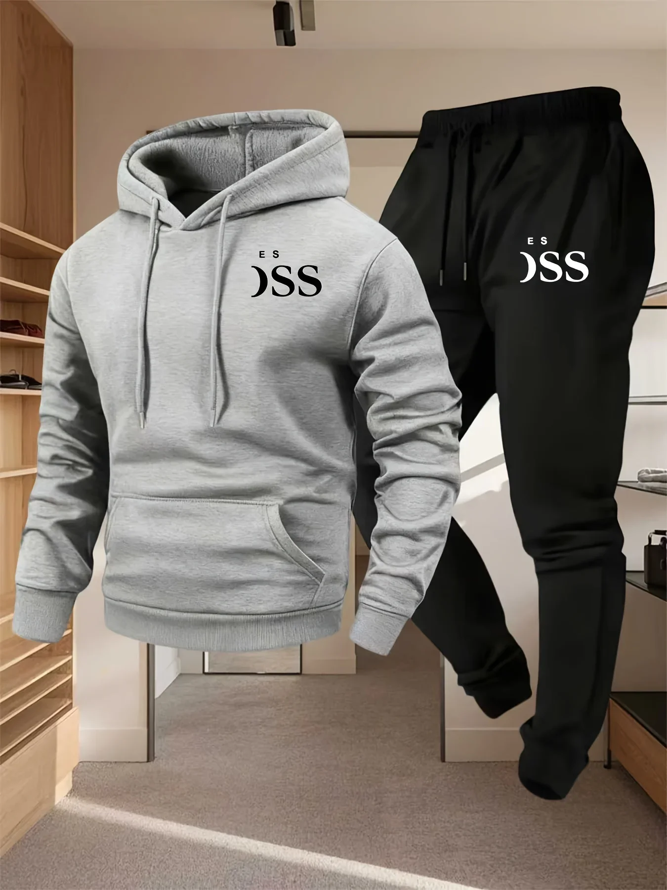 2026NEW Autumn Winter Men Fleece Thick Hoodie Sweatpants 2 Piece Set Letter Print Casual Sport Tracksuit Matching