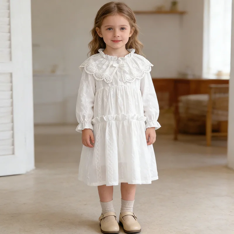 

2026 Summer New Girls' Solid Color Cute Cotton Lace Decoration Long Sleeved Mid Length Dress