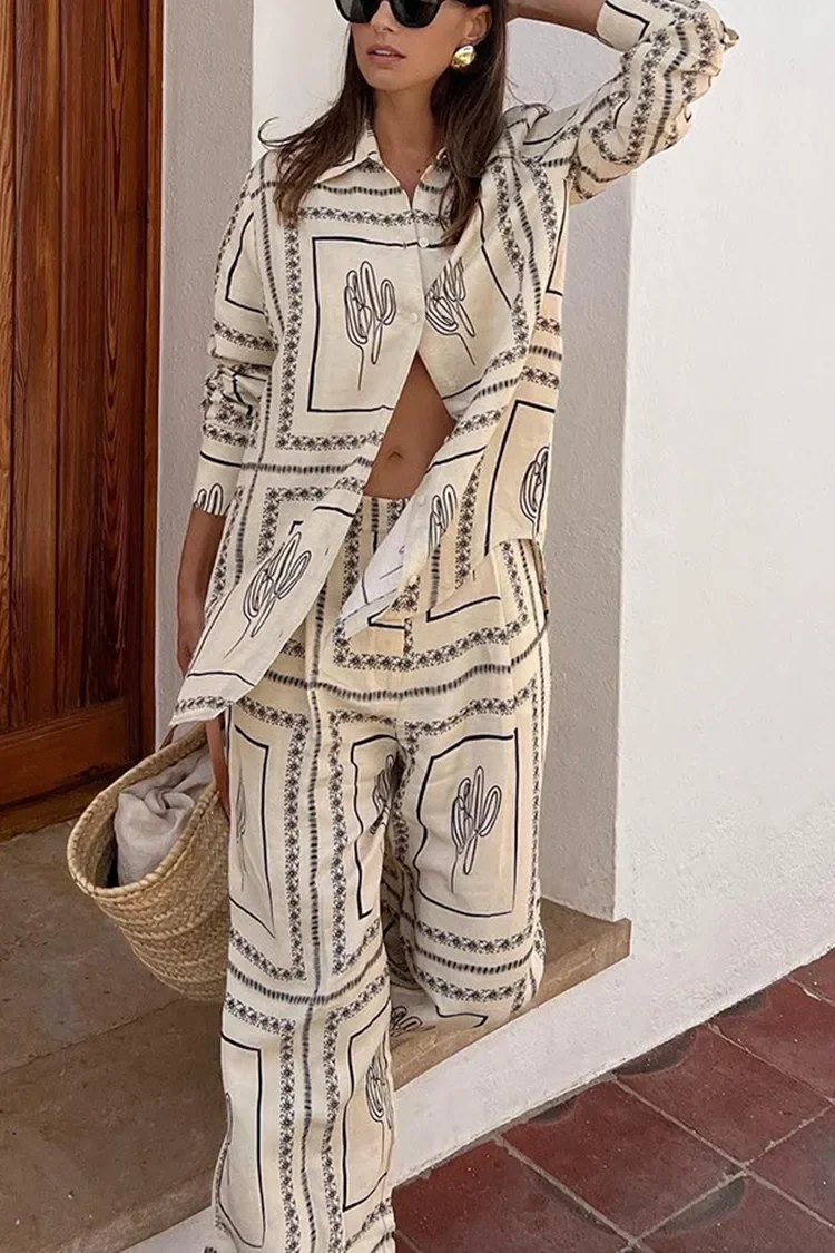 Women's Printed Shirt & Wide-Leg Pants Set - close-up view