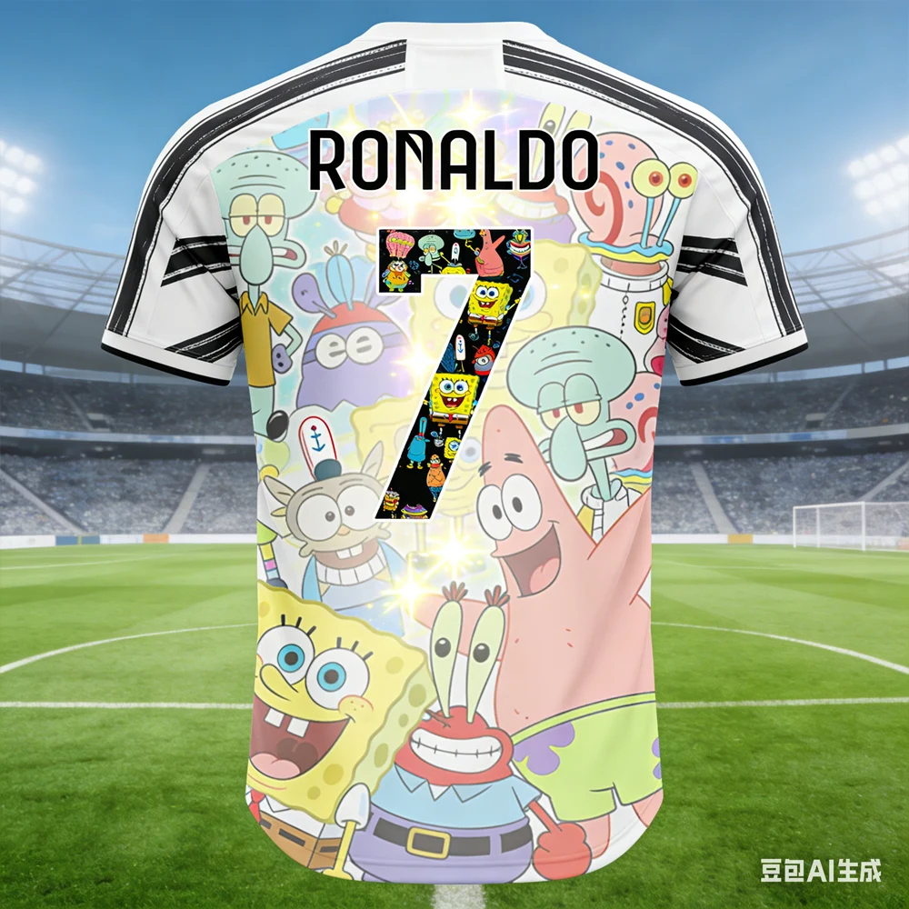 

Роналдо # Футболка для болельщиков с изображением Спанч Боба, созданная ИИ, 2026, мужская, дышащая, детская, с коротким рукавом