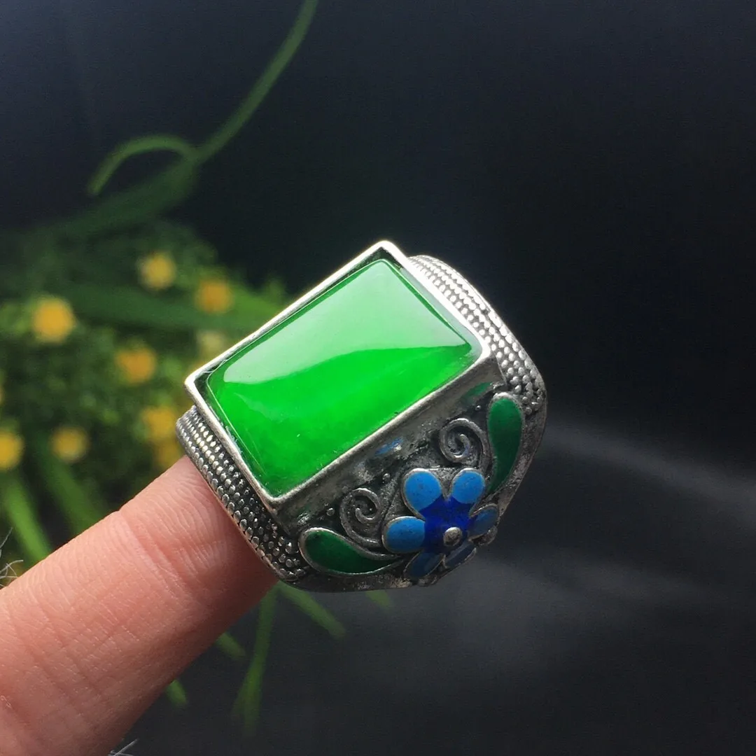 Natural Green Jade Rectangular Ring Men Women Fine Jewelry High Ice Grade A Myanmar Jadeite Cloisonne Enamel Square Jades Rings