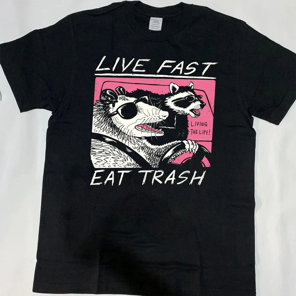 Live Fast Eat Trash Printing Graphic Tees Summer Short Sleeve Women Funny Raccoon T Shirts Loose Cotton Animal Lover's Shirts