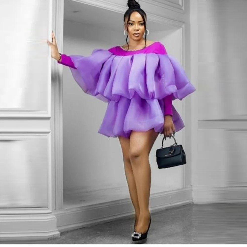 

Gorgeous Lavender Aso Ebi Prom Dresses Long Sleeves Organza Ruched Tiered Above Knee Evening Gowns Cocktail Formal Party Dress