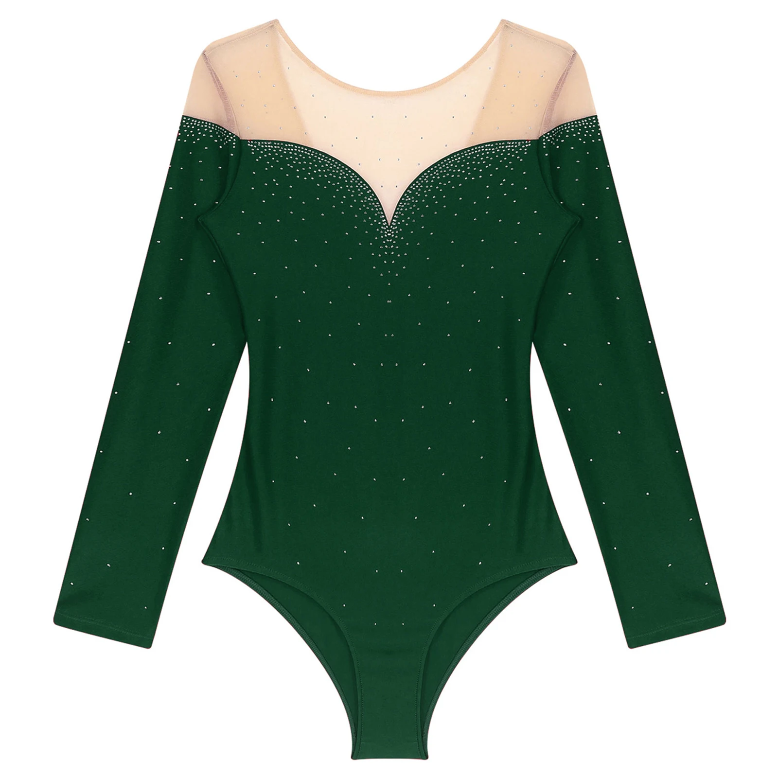 Mulheres Manga Longa Strass Collant, malha pura Bodysuit, Figura Patinação Traje Desempenho, Ballet Dança Ginástica, Acrobacia