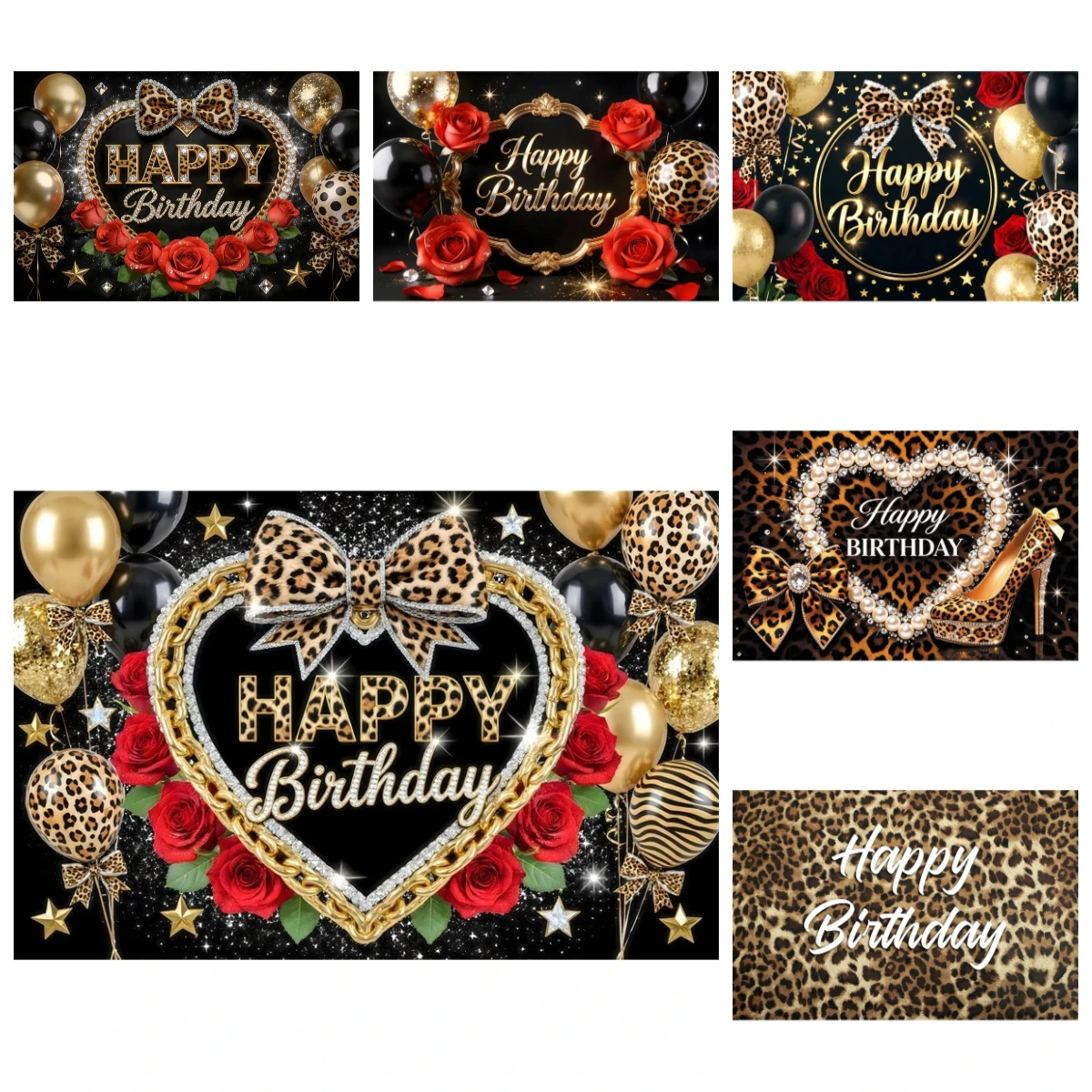 

Leopard Print Happy Birthday Backdrop Pearl High Heel Bow Adult Birthday Party Glamour Wild Theme Photo Studio Background Decor