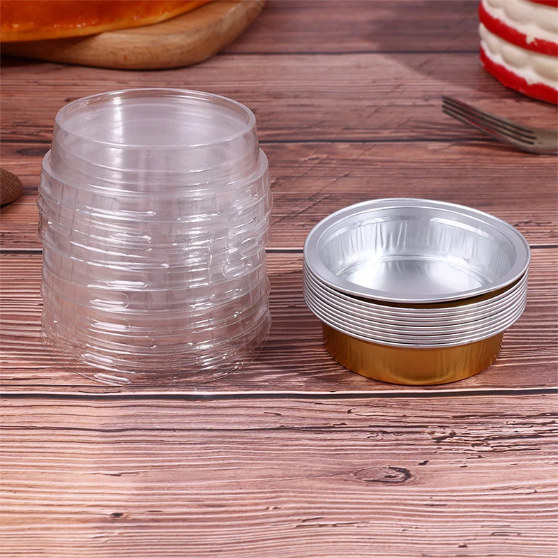 10Pcs 35ml Round Aluminum Foil Baking Mini Cake Pan Baked Pudding Baked Cheese Mousse Muffin Puff Cup Cake With Plastic Lid