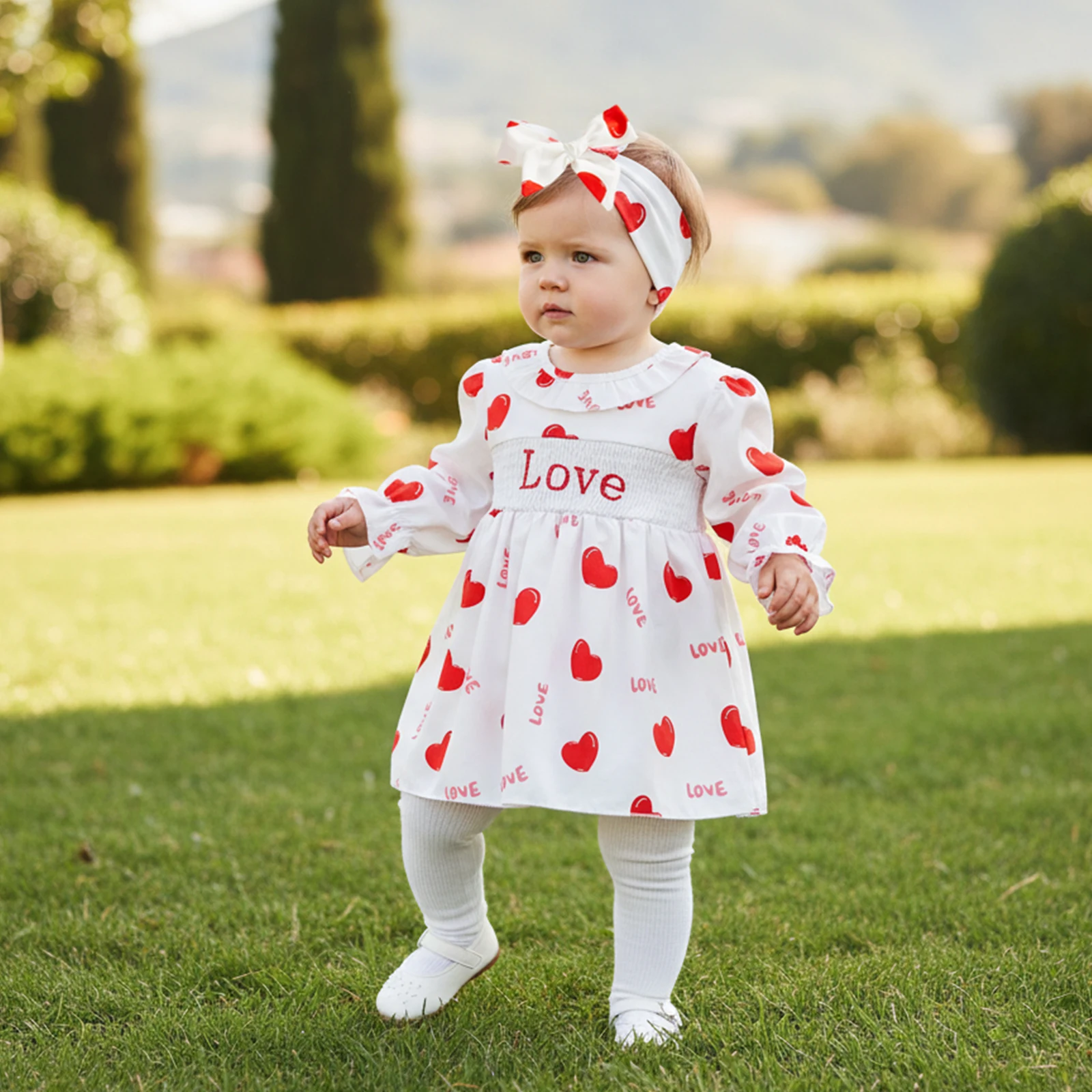 

Newborn Clothes Girl Outfit Long Sleeve Crew Neck Heart Print A-line Romper Dress with Headband Valentine’s Day Clothes