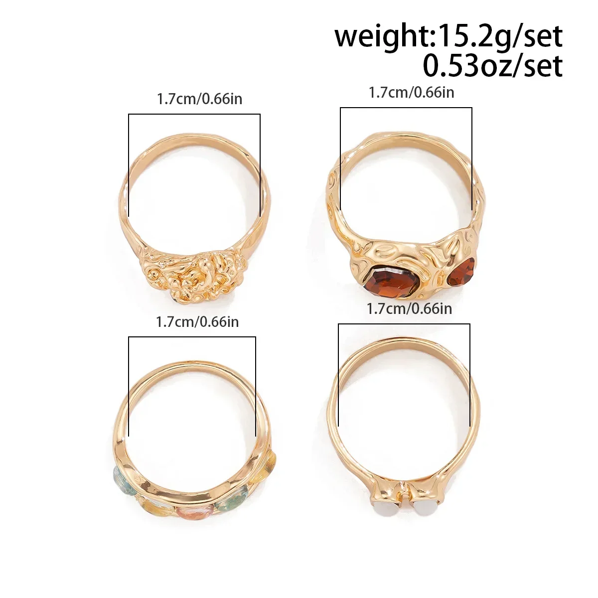 4 Pcs New Tide Individuality Retro Geometric Hollowing Inlay Gem Rings SetLiquid State Metal Four-Piece Rings Set Paty Jewelry