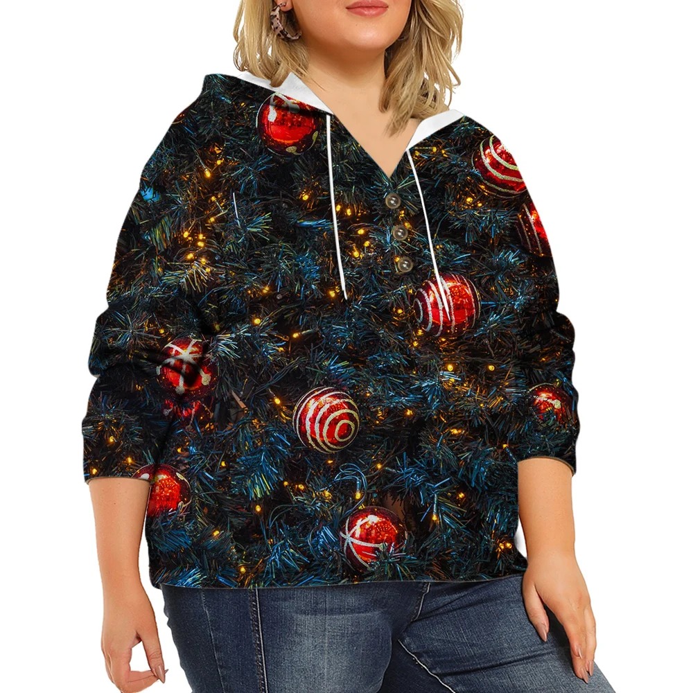 CLOOCL Women Hoodie Printed Long Sleeve Button Drawstring Street Fashions Christmas Tree with Coloured Light Hooded Tops