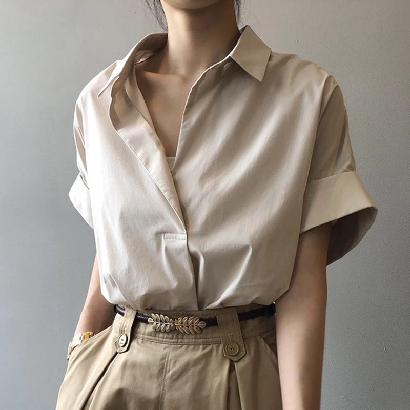 blusas para mujer 블라우스 Summer Minimalist Women Shirts Casual Blouses Fashion V-neck Loose Bat Sleeve OL Elegant Tops Camisas