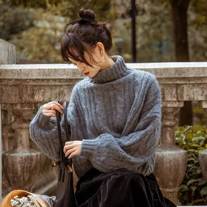 High Collar Grey Pullover Sweater Women Korean Wave Lantern Sleeve Lazy Fashion Temperament Soft Glutinous Loose Winter Knitwear