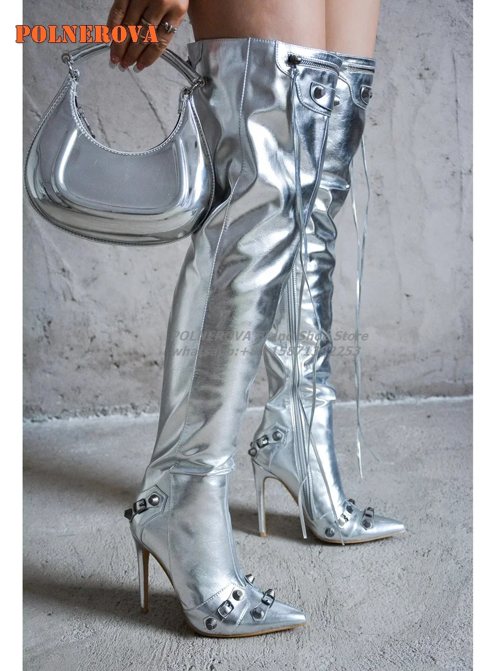 

Magenta Rivet Fringe Fashion Modern Booties Pointed Toe Thin Heels Zipper Closure Solid Patchwork Over The Knee Boots 2025 Trend