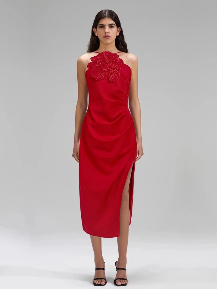 

Designer beaded applique strapless sleeveless halter dress 2025 Summer women's dress fashion pleated waist wrap hip slit skirt