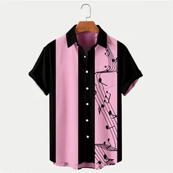 2024 New Men's Shirt Summer Bowling Shirt Note Pattern Printed Daily Short Sleeve Button Comfortable Casual Men's Clothing