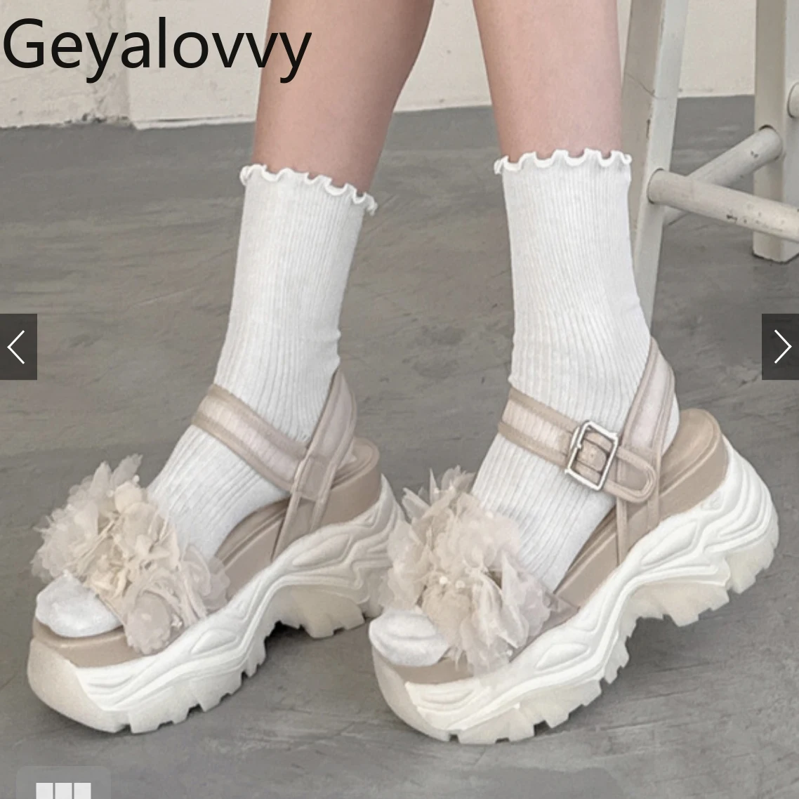 

Sweet Cute Women's Shoes Summer Japanese Style Three-dimensional Mesh Yarn Flower Beaded Elegant Thick-soled Open-toed Sandals