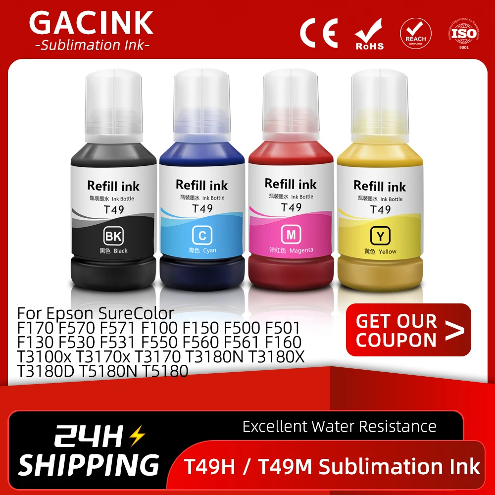 Tinta de Sublimación de 140 ml T49 T49M T49H, Tinta de Transferencia por Calor para F170 F570 F571 T3100x T3170x F100 F150 F500 F550 F560 F561 F160 F530