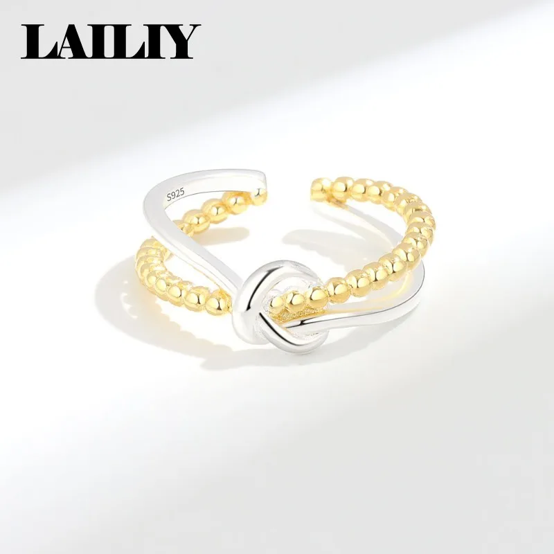 LAILIY925 Sterling Silver 18K Gold Wedding Birthday Gift Party Two tone Double layer Adjustable Ring for Women Fashion Jewelry