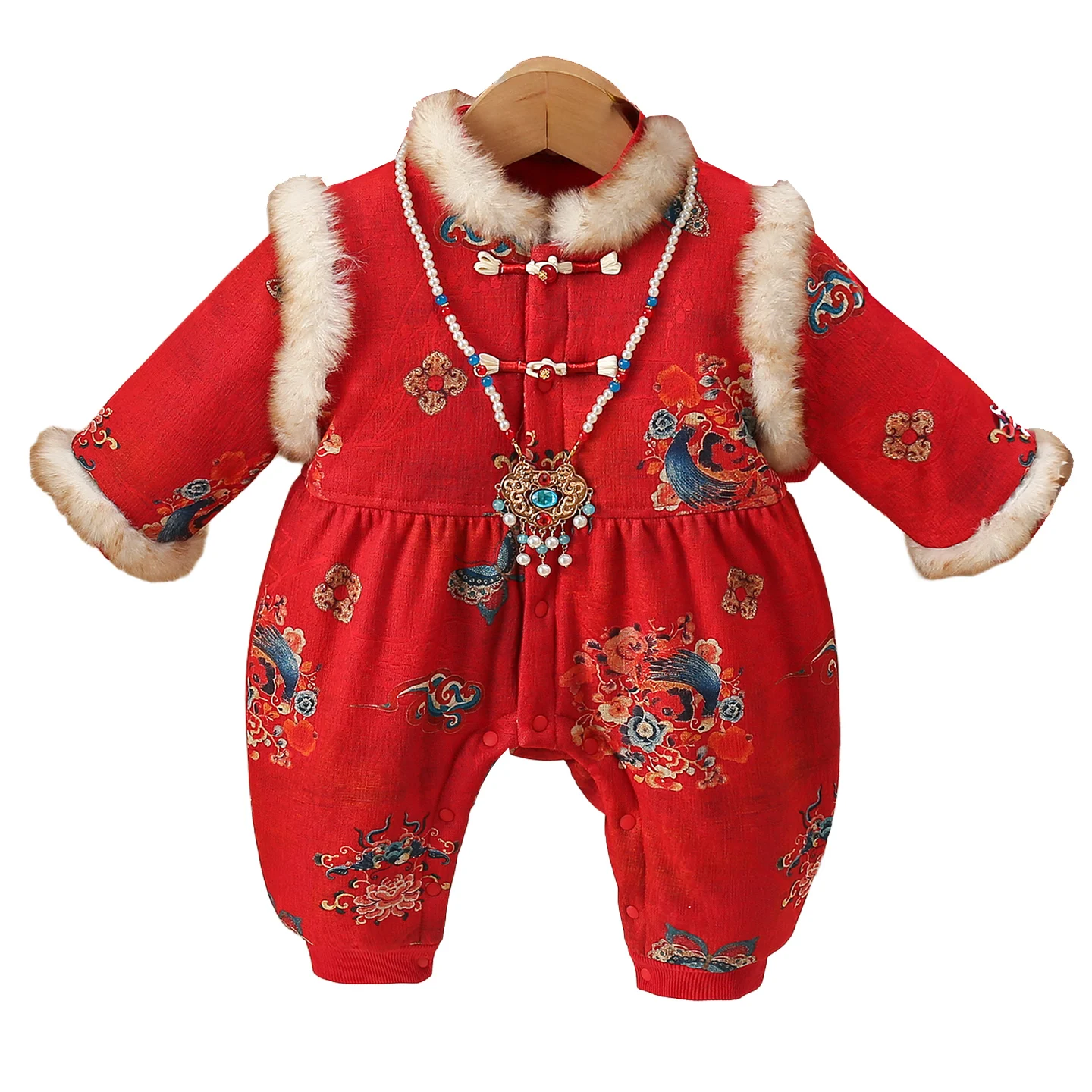 ชุดฉลองปีใหม่สำหรับเด็กทารกหญิง แขนยาว ผ้าโพลีเอสเตอร์ อุ่นสบาย สำหรับฤดูหนาว รุ่น Baby Winter Rer Fce Lined  สำหรับงานวันเกิด