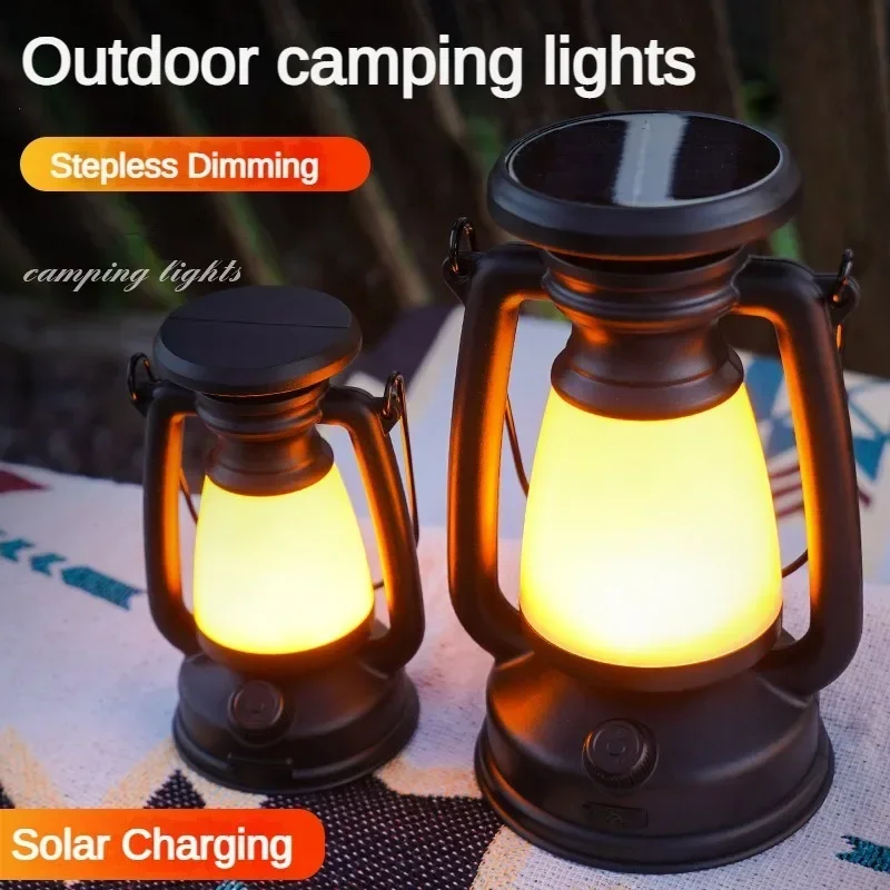 Portable Retro Camping Lantern Solar Charging Tent Ambient Light Fishing 3 Speed Dimmable Outdoor Waterproof Emergency Work Lamp