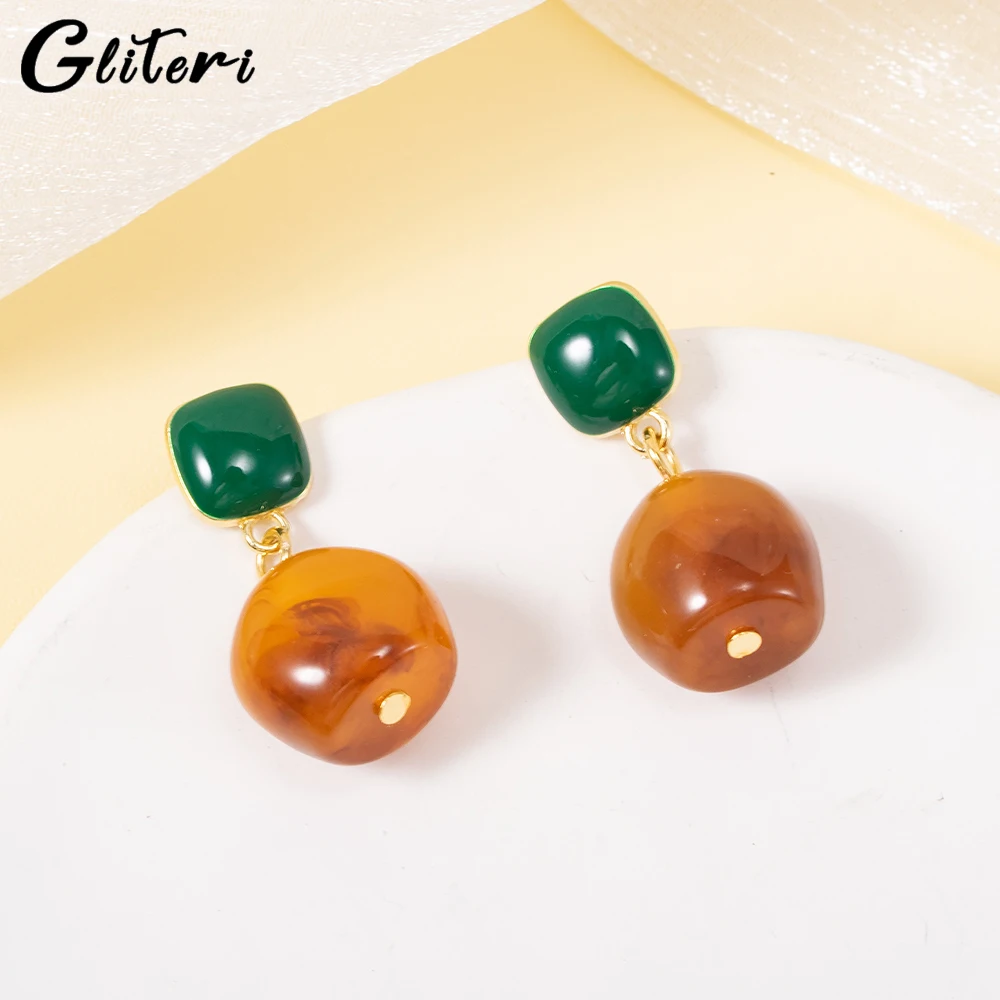 GEITERI Vintage Smudged Resin Earrings For Women Girls Brown Green Square Geometric Drop Earring Charm Jewelry Birthday Gifts