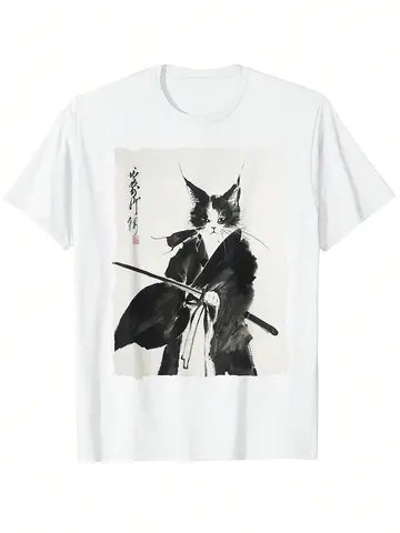Men T-shirt Fashion man clothes Samurai Cat Vintage Ukiyo-E Warrior Art Graphic Cat Art Cotton  ForAll Seasons streetwear Unisex