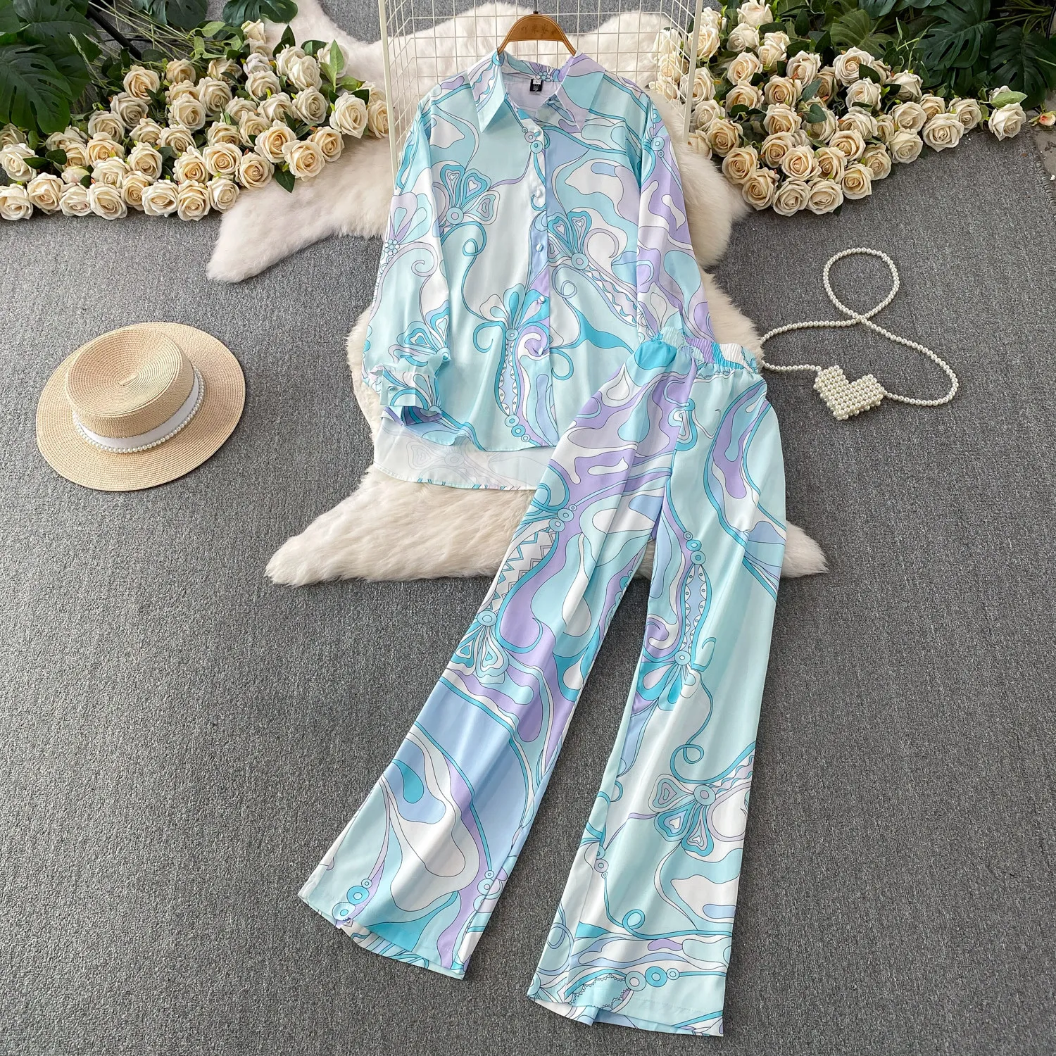 Geometric Pattern Women's Two-piece Set Autumn French Style Single Breasted Loose Shirt Elastic Waist High Waist Wide Leg Pants