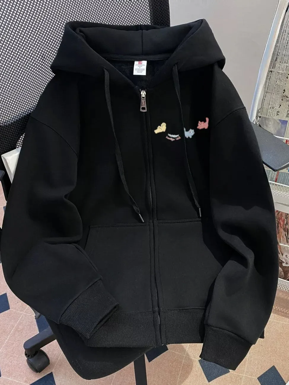 2026 New Casual Cartoon Print Hooded Zipper Fleece Women's Sweatshirt Loose Open Cardigan Couple Outerwear Korean Style
