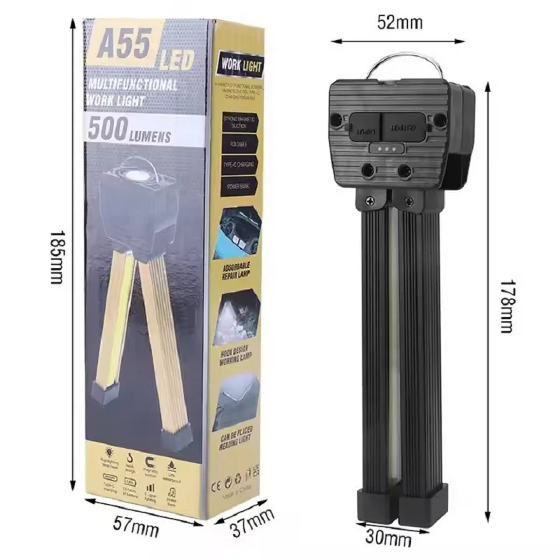 Lampada da lavoro pieghevole a LED COB Lampada da campeggio magnetica impermeabile Luminosa 3 colori USB C ricaricabile per riparazioni di emergenza all'aperto