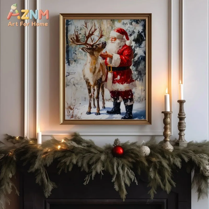 Vintage Santa Claus with Reindeer Canvas Wall Art Christmas Snow Winter Scene Holiday Home Wall Print Unframed Canvas Poster