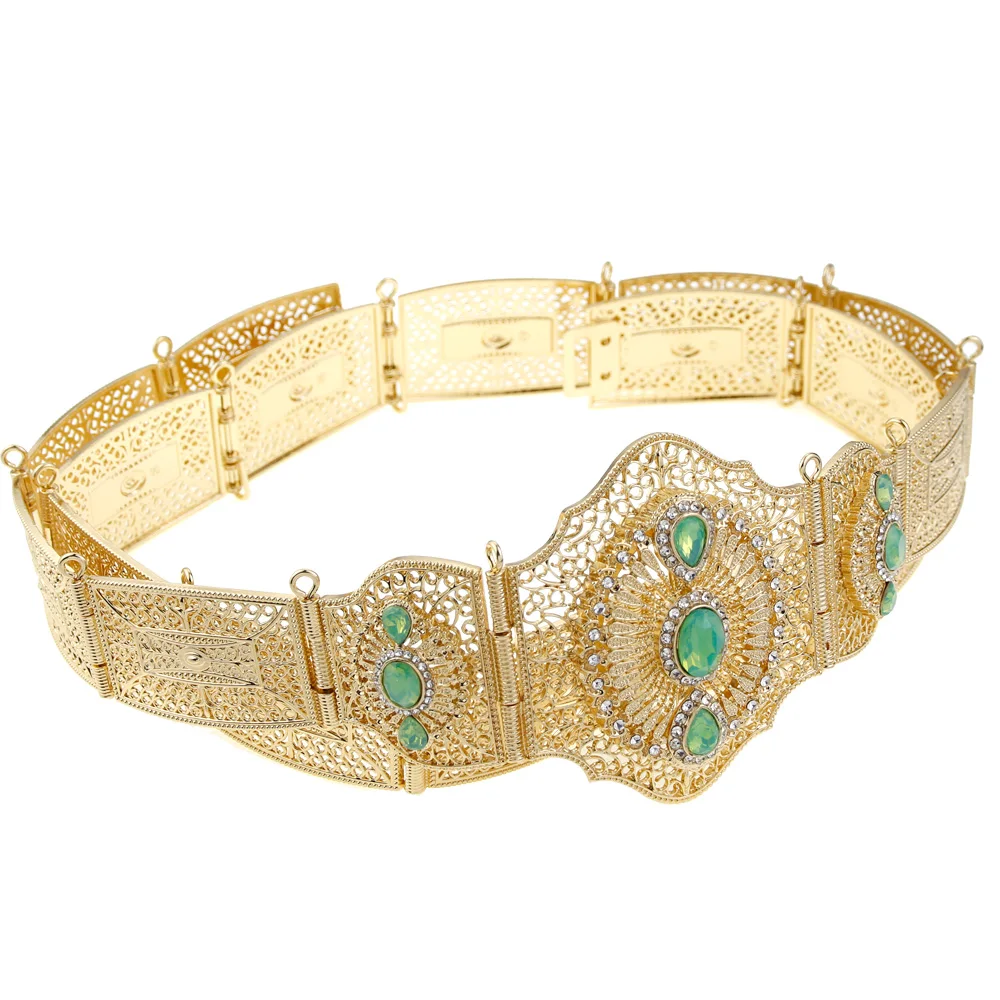 Neovisson Morocco Fashion Style Belt Women Dress Caftan Belt Gold Color Mintgreen Crystal Belly Chain Wedding Jewelry 