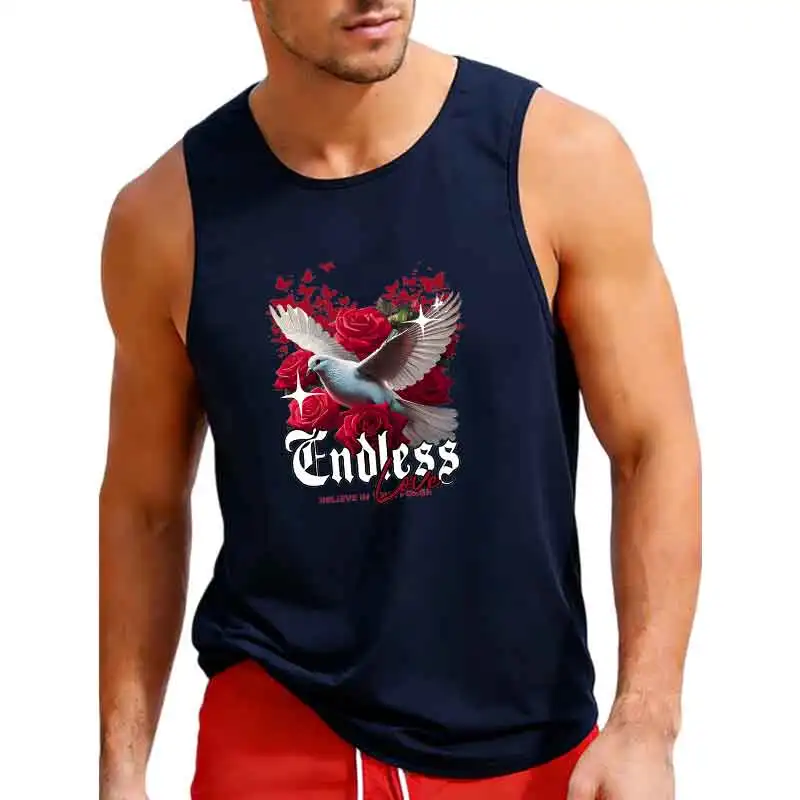 Men's Endless Rose Dove Print Tank Top Summer Casual Sleeveless Tee