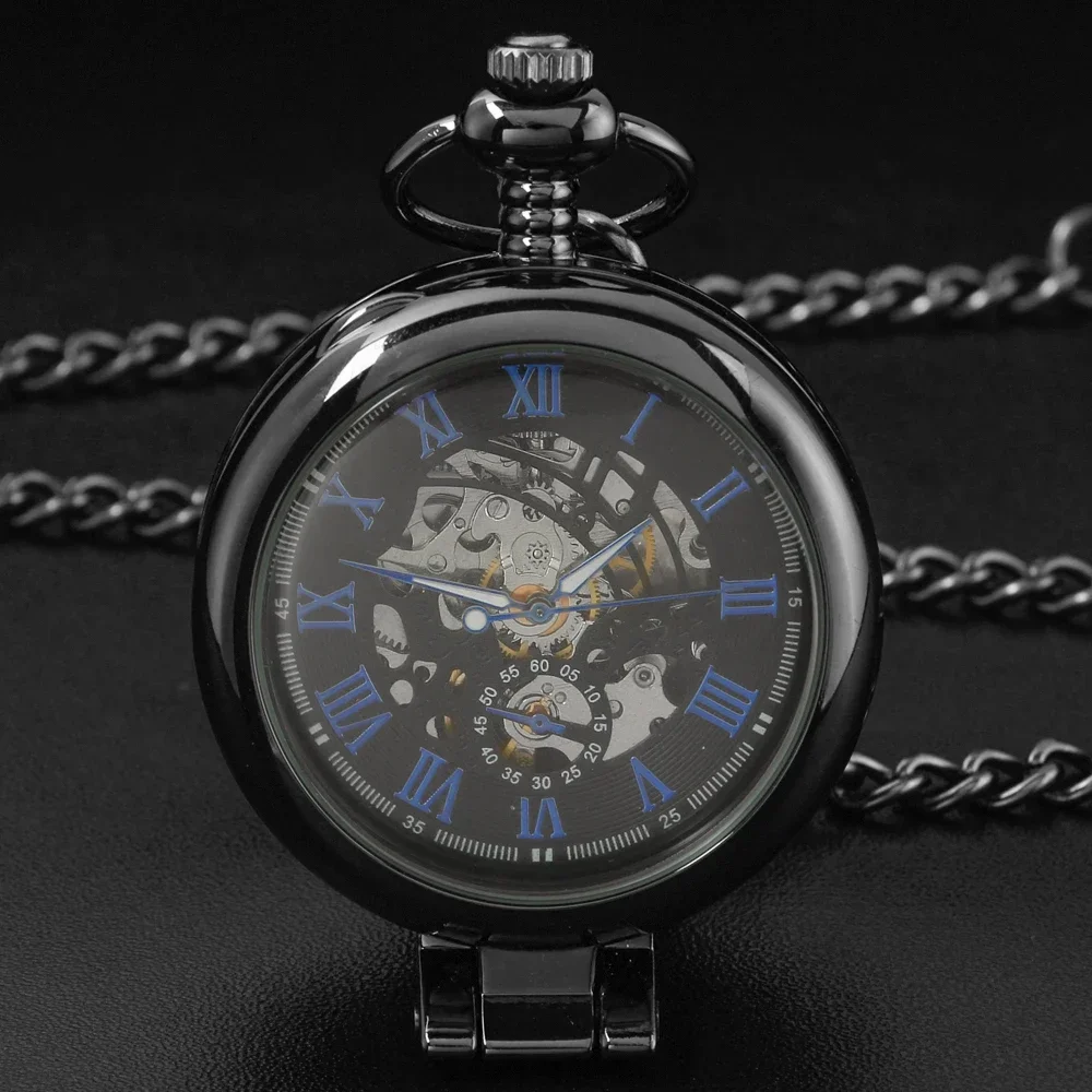 Vintage Luxury Black Metal Mechanical Pocket Watch Steampunk Watches Pin Chain Men Women Pendant Clock Gift