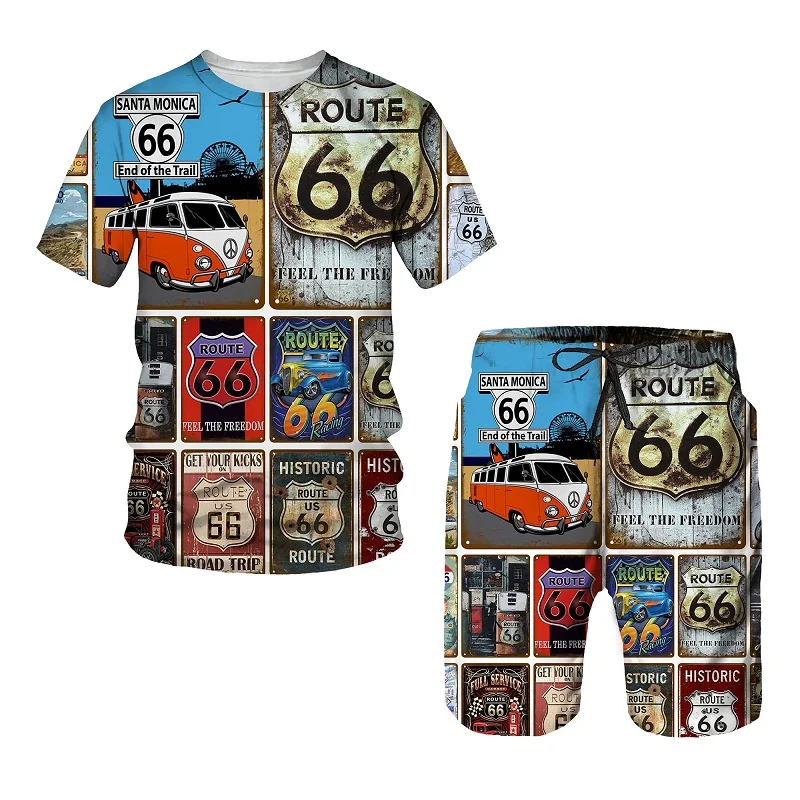 Route 66 Oldtimer 3D-Druck Herren T-Shirt Anzug Männlich Lässig O-Ausschnitt Trainingsanzug Herren Trapsta Kurzarm Set Übergroß Retro 2-teilig