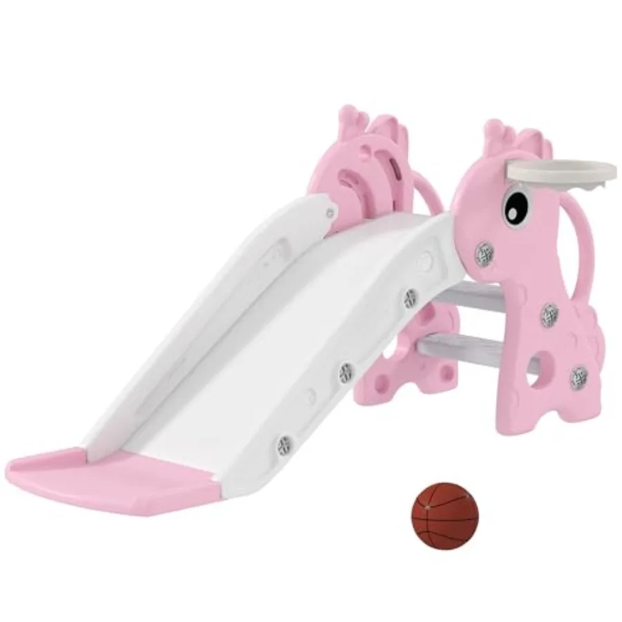 

Toddler Slide with Climber Basketball Hoop and Ball Indoor Slide with Giraffe Design Freestanding Playground Equipment for Age