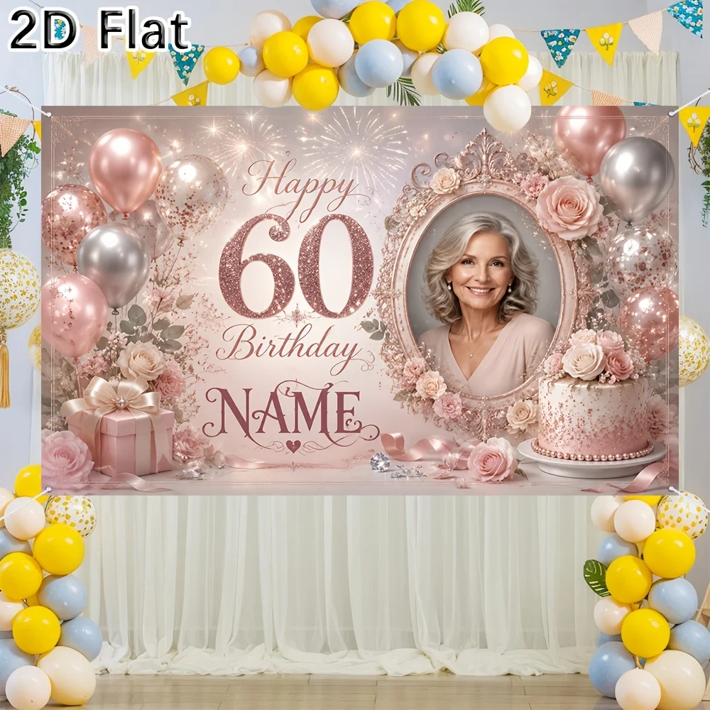 1pc  Personalized 60th Birthday Backdrop Banner, Rose Gold Pink Glitter Photo Happy 60 Birthday Party Decorations for Women view 5