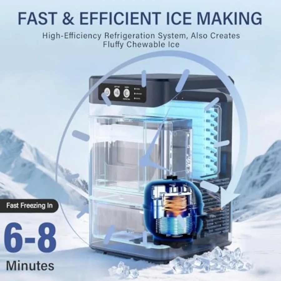 Countertop nugget ice maker for home, office bar; stainless steel body; silver color; 44 lbs/24h output, 4.5L side water tank,