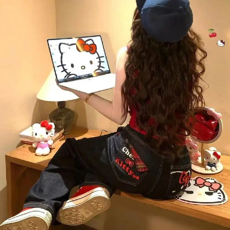 سانريو مرحبا كيتي المتضخم جينز مطبوع أنيمي Y2K موضة الهيب هوب الاتجاه شارع العليا Harajuku نمط عادية مستقيم بانت المرأة #2