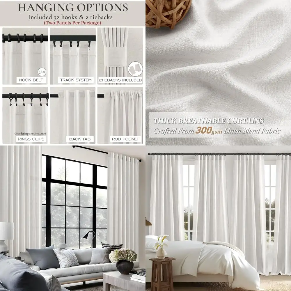 

Custom Beige Linen Blend Sheer Curtains, 105 Long, 2-Panel Set for Dining Room, Pleated Privacy & Light Filtering