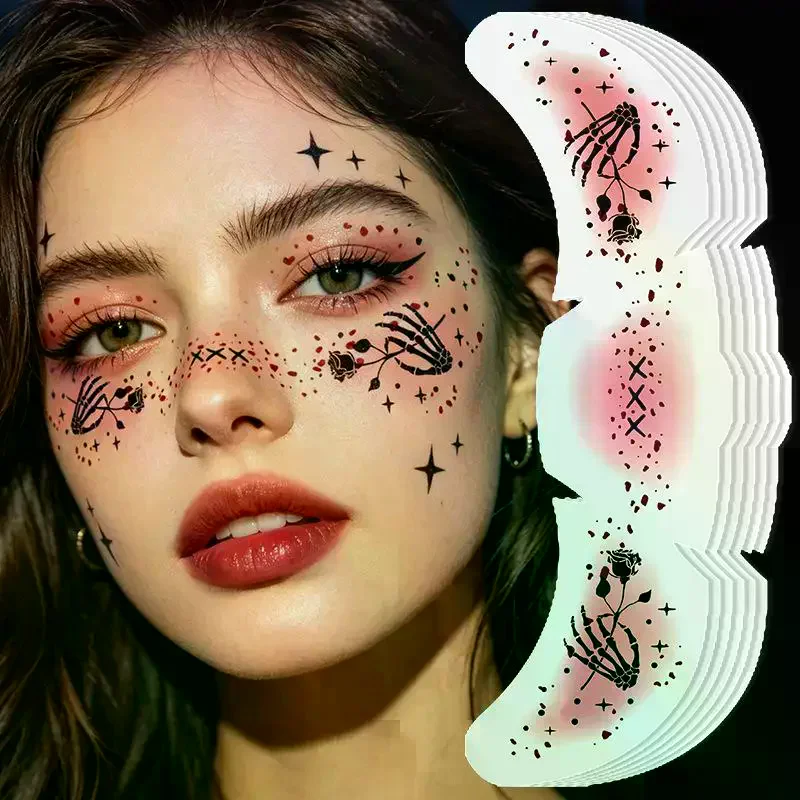 /YOV/In The Dark Halloween Temporary Face Tattoos Realistic Scary Patterns For Cosplay Parties Events Glow