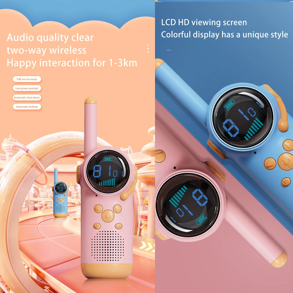 2PCS Kids Walkie Talkie Toy 8 Channels LCD Screen LED Flashlight Intercom Distance 1.5-3KM Parent-child Interaction Gifts