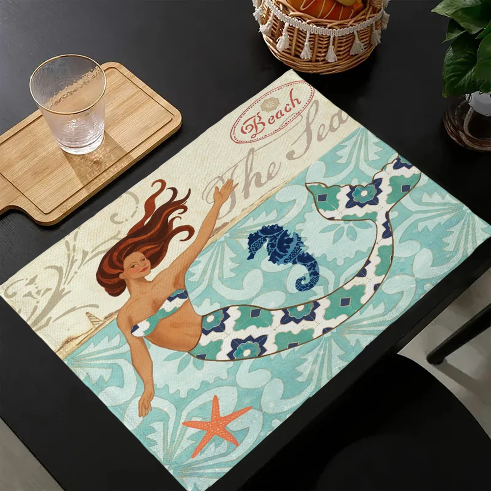 Turtle kitchen Placemat Sea Style Ship Anchor Octopus Cotton Linen Table Mats 40X30 Nordic Western Placemat Cup Mats Coasters