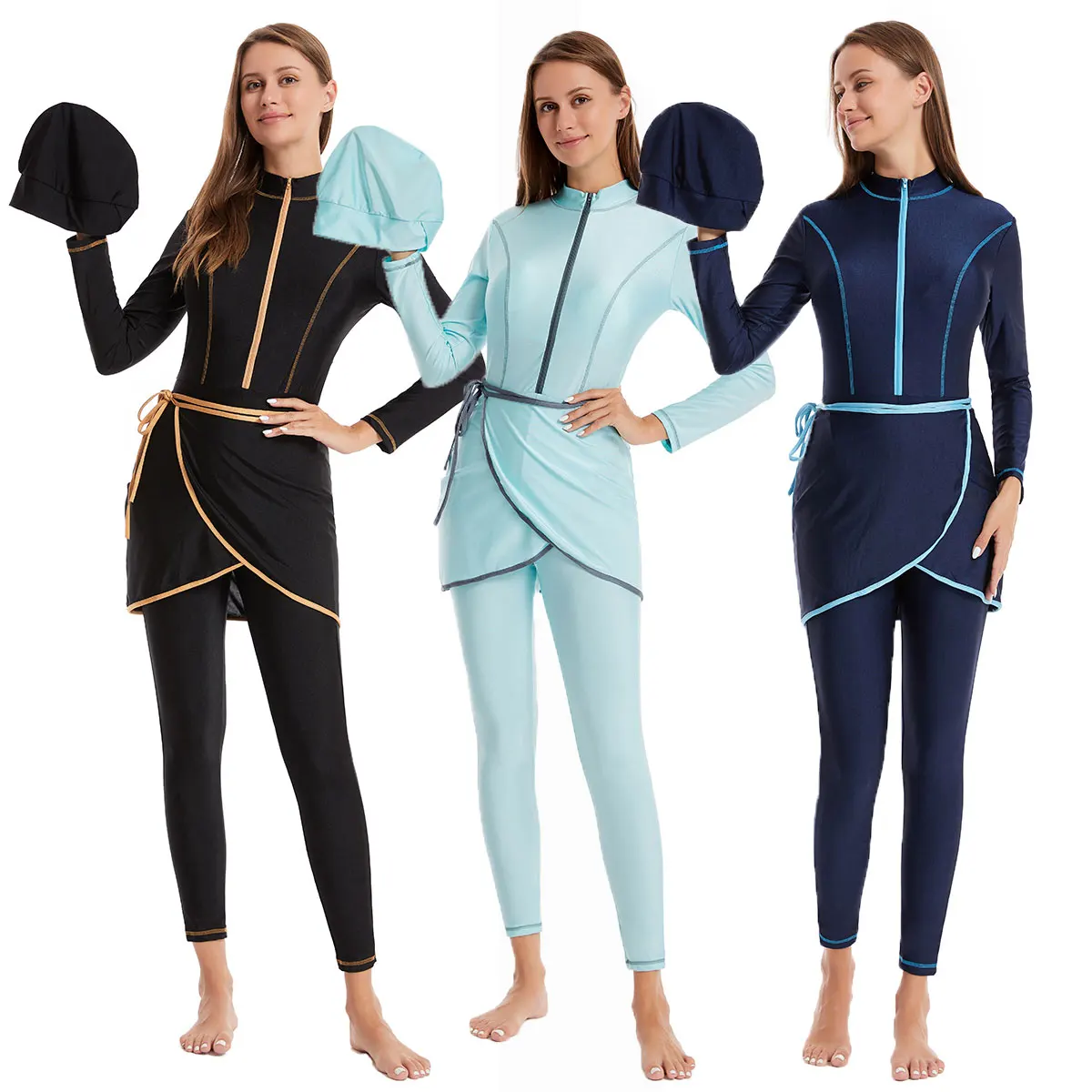 S-3XL Fashion Islamic Muslim Swimsuit Burkini Women Ladies Full Cover Swimming Tights With Skirt Hijab Quick Dry Solid Color