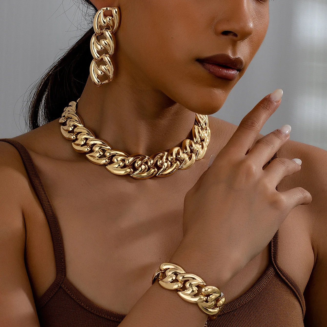 

3PCS Jewelry Set for Women Gold Silver Color Big Cuban Chains Bracelet Necklace Fashion Chunky Chain Collares Earring Gifts