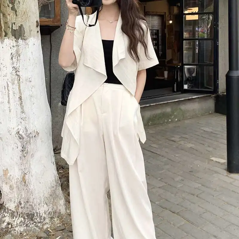 Yaonovni verão moda feminina 2 peça conjunto solto jaqueta irregular + calças de perna larga casual versátil novas roupas 1a1044