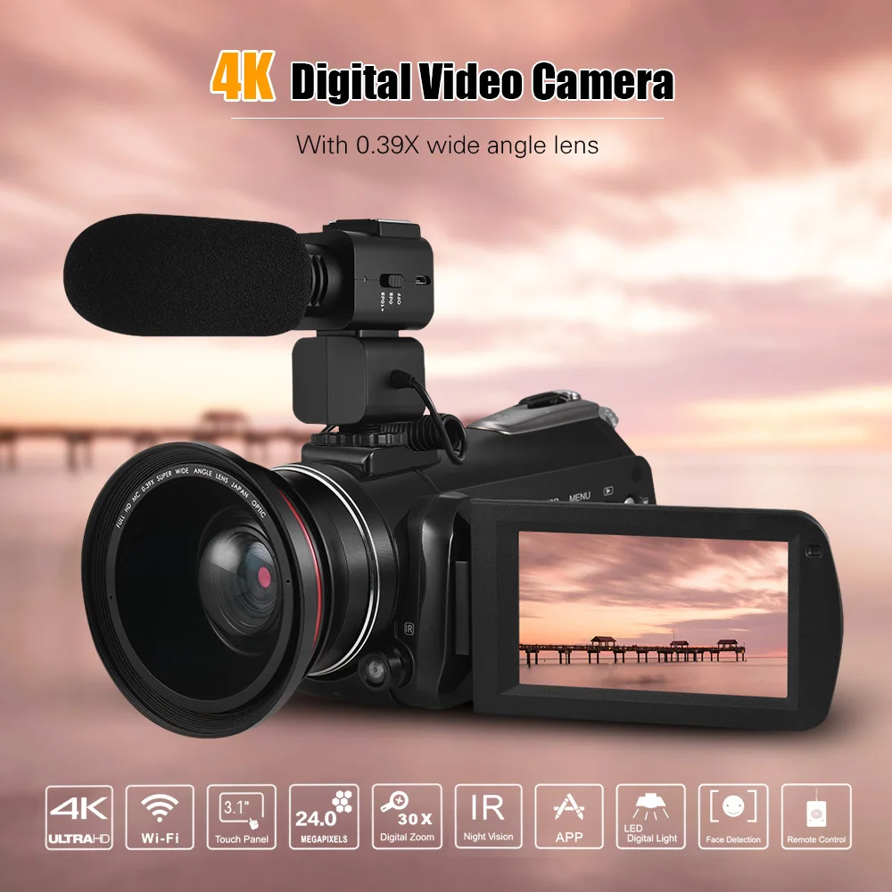 4K UHD 24MP Digital Video Camera DV Recorder 30X Zoom WiFi IR Night Vision 3.1Inch IPS LCD Touchscreen 0.39X Wide Angle Lens+Mic