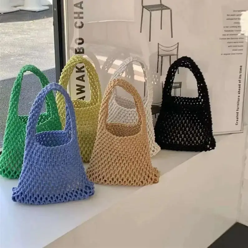 Women Woven Bucket Bag Mesh Hollow Handheld Bags with Leather Bottom Key Tote Handbag Summer Outdoor Shopping Blue