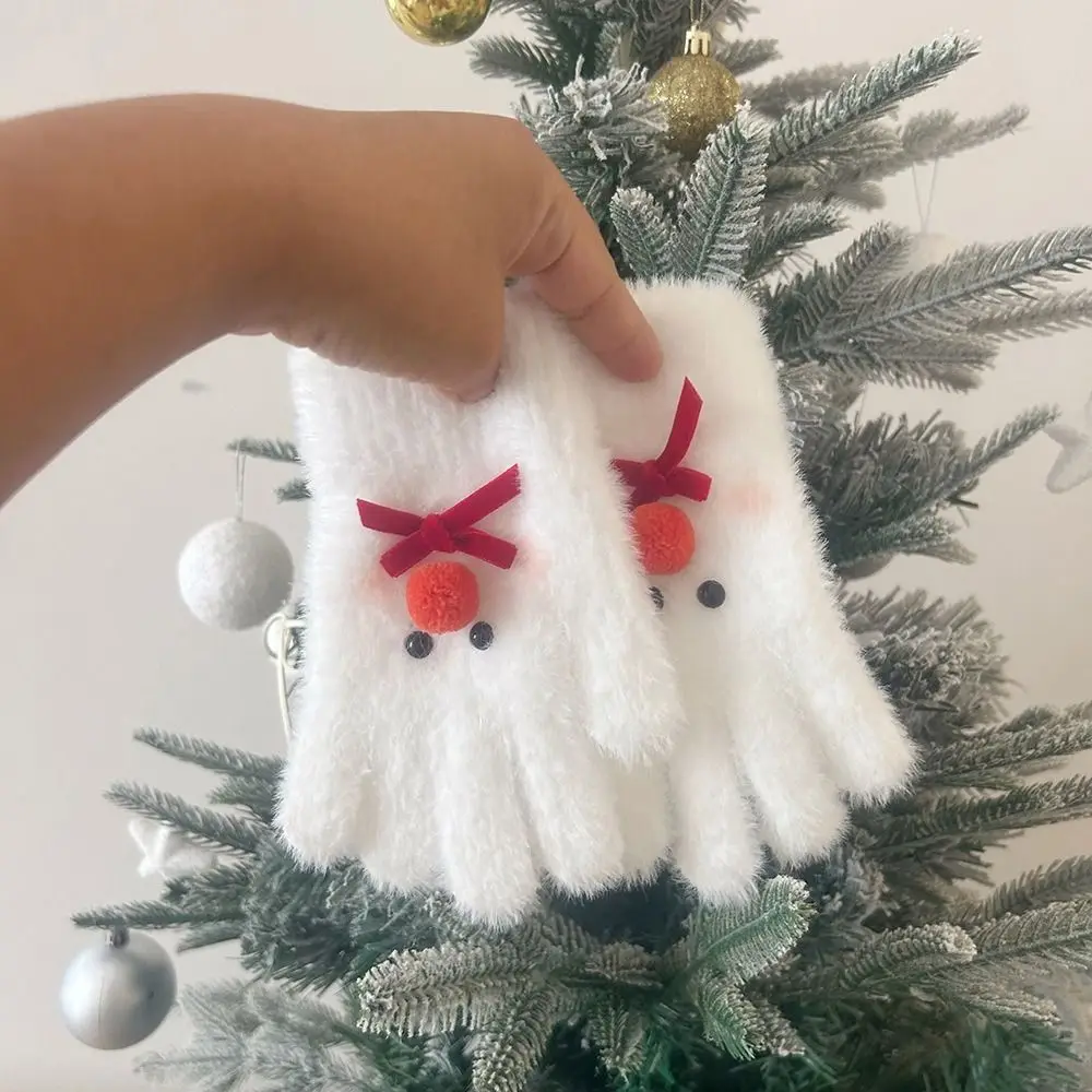 Cute Sweet Snowman Plush Gloves Touchscreen Thicken Five-finger Mittens Knitted Warm Cycling Gloves Woman