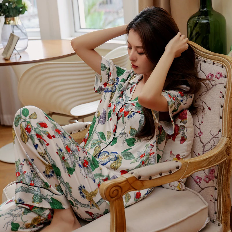 Women‘s Printed Floral Silk Satin Pajamas Summer Nightwear Trouser Suits Satin Set Woman 2 Pieces Short Sleeve Sleep Tops Night