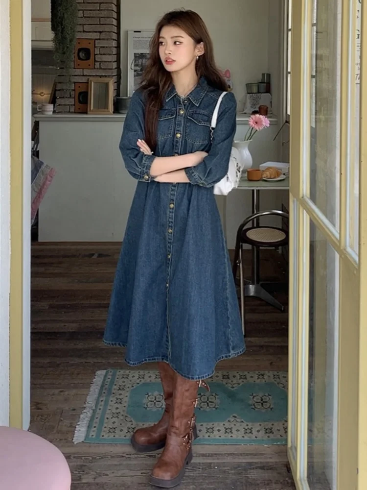 

2025 Autumn Spring New Design Vintage High-Waisted Long Denim Dress Women's Single Breasted Slim Waist Mid-Length Dresses