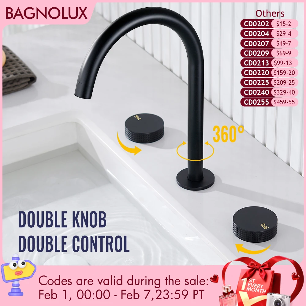 

Матовый черный смеситель для раковины, кран для горячей и холодной воды, вращение на 360 °, носик, Рифленый Дизайн, двойная ручка, встраиваемый в столешницу, 3 шт., смеситель для раковины ki